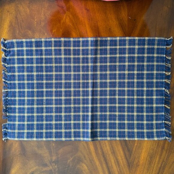 4 Woven Placemats Blue Plaid Beige Fringe 21 x 13 Cotton - Picture 4 of 10